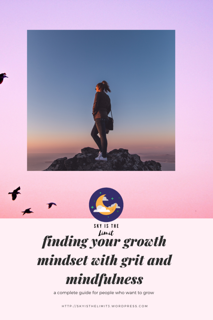 Finding you growth mindset with grit and mindfulness blog post cover graphic with pink background.  A woman with a business suit on top of a cliff.  